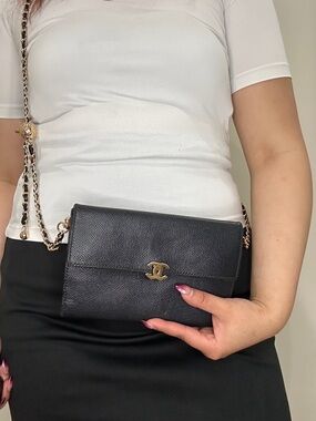Chanel vintage gold push lock black caviar clutch wallet on chain crossbody bag